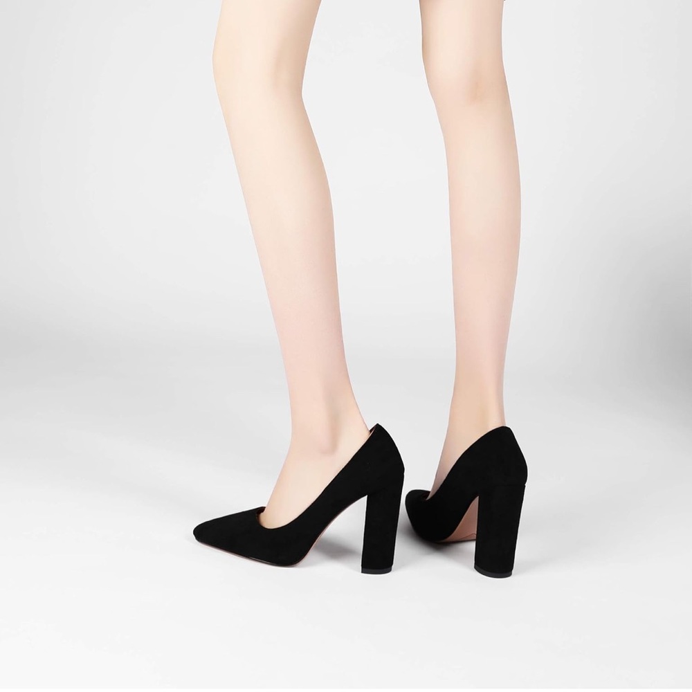 Chunky Pumps Pointed Toe Suede Closed Toe Sandals 4” Block Heel Slip On - Picture 5 of 5